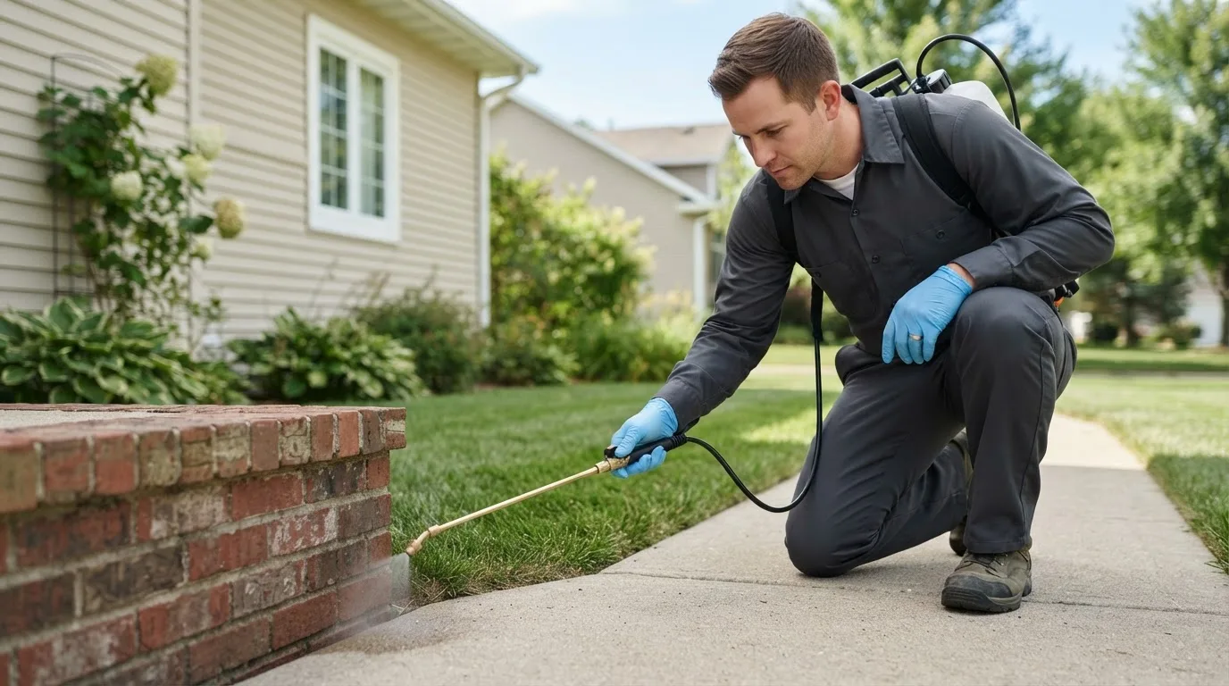 Pest control technician treating a home near New Sharon, IA