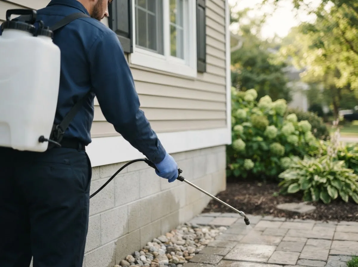 Pest control technician inspecting a home in New Sharon, IA